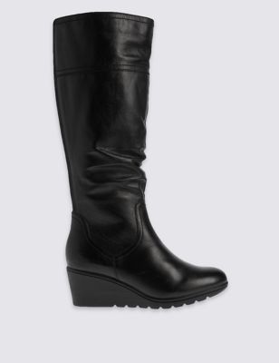 Leather Wedge Ruched Long Knee High Boots